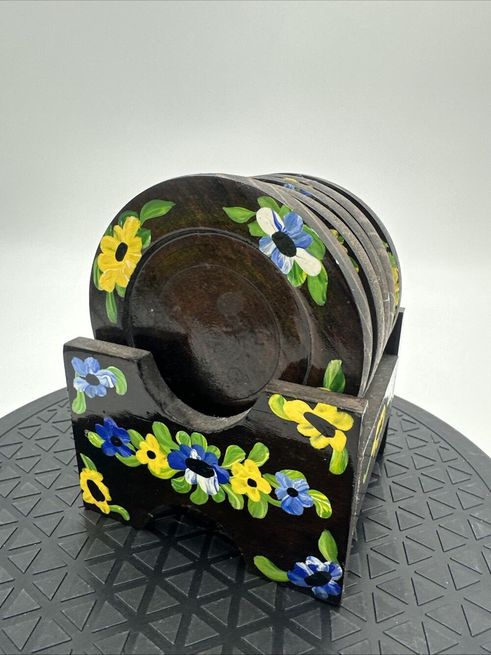 Hand Painted Lacquered Wood Coasters Hand Painter with Caddy Set Of 6